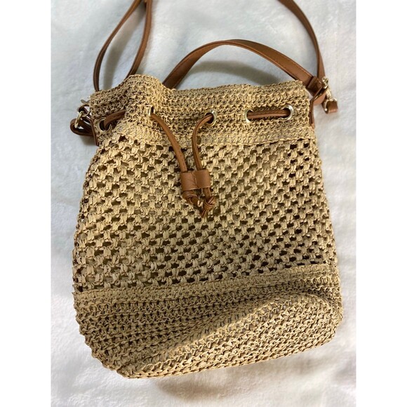 Boho Crochet Straw Bucket Bag Woven Raffia Drawstring Crossbody Shoulder Purse - Picture 8 of 10